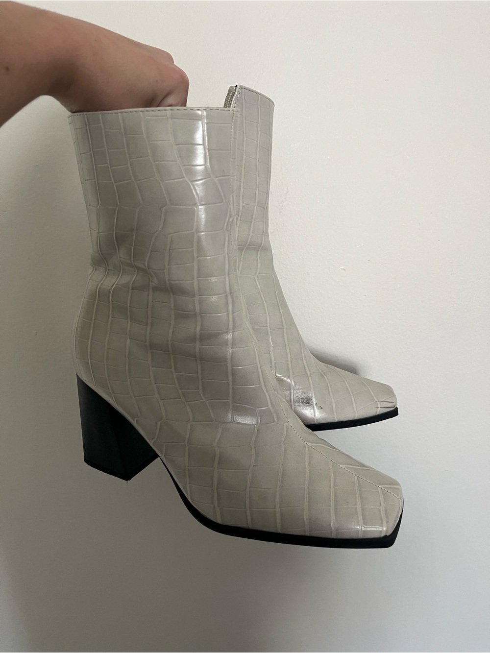 Croc-Embossed Cream Block-Heel Ankle Boots